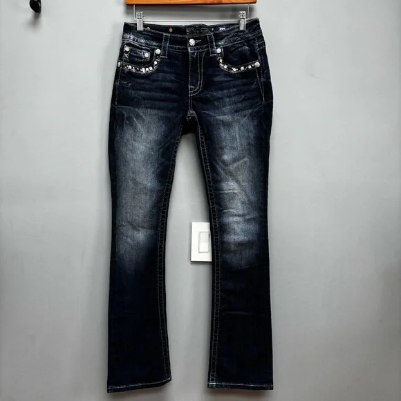 Miss Me Rhinestone Embellished Wing Jeans Slim Boot Cut in Dark Wash 28 - Picture 4 of 11